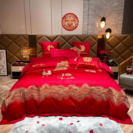 91家纺网 家纺一手货源 找家纺 2022甜咪咪直播100支长绒棉四件套-家居婚庆星空之恋-红