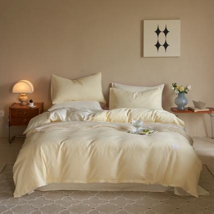 91家纺网 家纺一手货源 找家纺 时光里 2022新款60支纯棉华夫格系列四件套 奶昔黄拼嫩黄