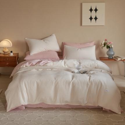 91家纺网 家纺一手货源 找家纺 时光里 2022新款60支纯棉华夫格系列四件套 奶油白拼夏芝粉