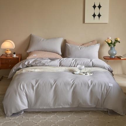 91家纺网 家纺一手货源 找家纺 时光里 2022新款60支纯棉华夫格系列四件套 浅灰拼琥珀银