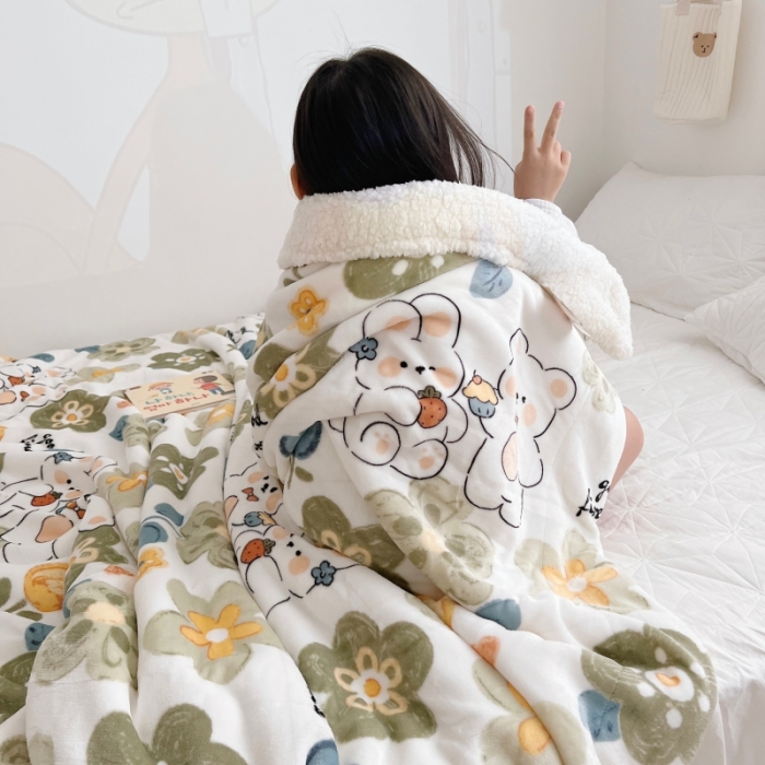 91家纺网 家纺一手货源 找家纺 顾里2022新款ins牛奶羊羔绒毯 花间兔熊