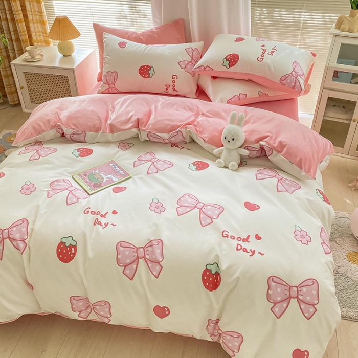 91家纺网 家纺一手货源 找家纺 雅居纺 2022新款棉绒四件套 粉色蝴蝶结