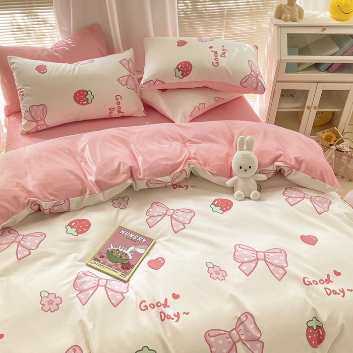 91家纺网 家纺一手货源 找家纺 雅居纺 2022新款棉绒四件套 粉色蝴蝶结