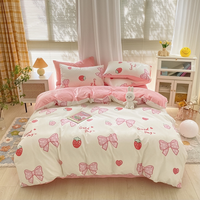 91家纺网 家纺一手货源 找家纺 雅居纺 2022新款棉绒四件套 粉色蝴蝶结