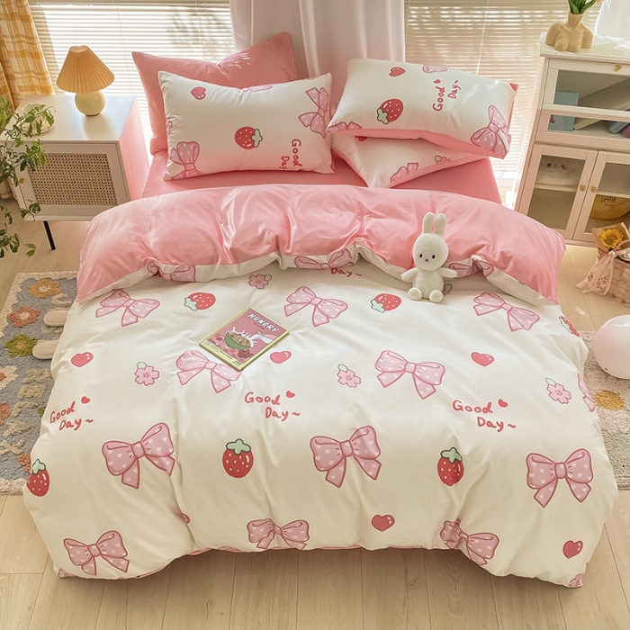 91家纺网 家纺一手货源 找家纺 雅居纺 2022新款棉绒四件套 粉色蝴蝶结