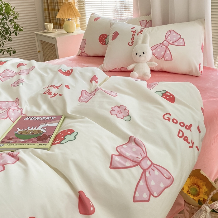 91家纺网 家纺一手货源 找家纺 雅居纺 2022新款棉绒四件套 粉色蝴蝶结