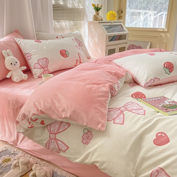 91家纺网 家纺一手货源 找家纺 雅居纺 2022新款棉绒四件套 粉色蝴蝶结