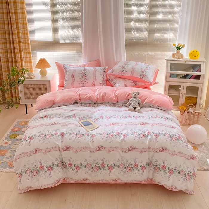 91家纺网 家纺一手货源 找家纺 雅居纺 2022新款棉绒四件套 粉色花语