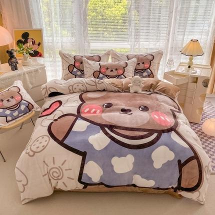 91家纺网 家纺一手货源 找家纺 塔塔 2025新款高克重大版印花牛奶绒四件套 大熊仔