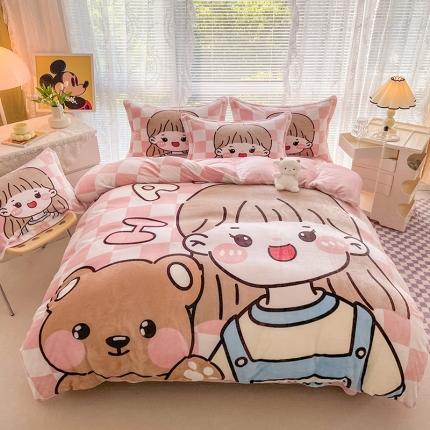 91家纺网 家纺一手货源 找家纺 塔塔 2025新款高克重大版印花牛奶绒四件套 格格公主熊