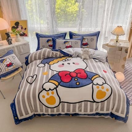 91家纺网 家纺一手货源 找家纺 塔塔 2025新款高克重大版印花牛奶绒四件套 绅士熊