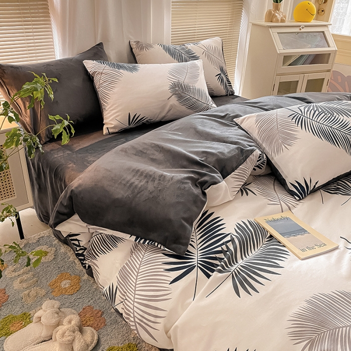 91家纺网 家纺一手货源 找家纺 雅居纺 2022新款棉绒四件套 羽叶