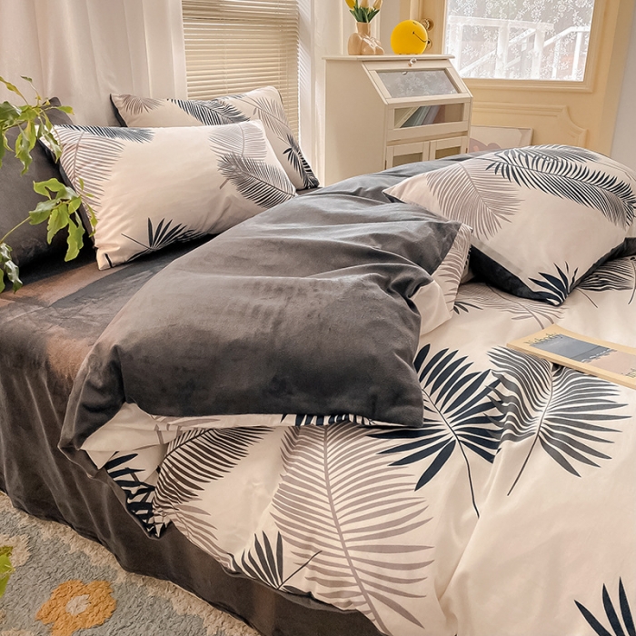 91家纺网 家纺一手货源 找家纺 雅居纺 2022新款棉绒四件套 羽叶