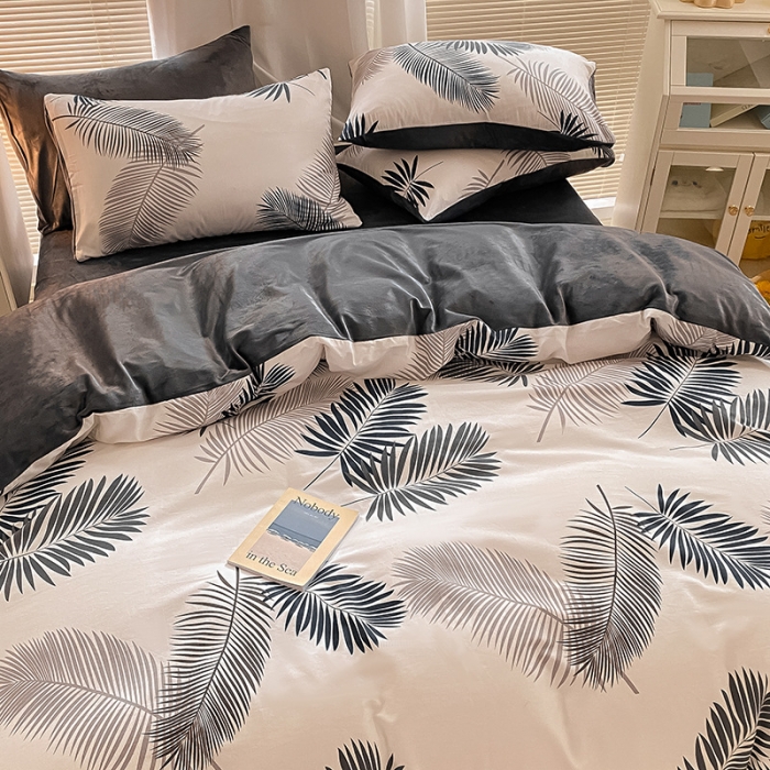 91家纺网 家纺一手货源 找家纺 雅居纺 2022新款棉绒四件套 羽叶