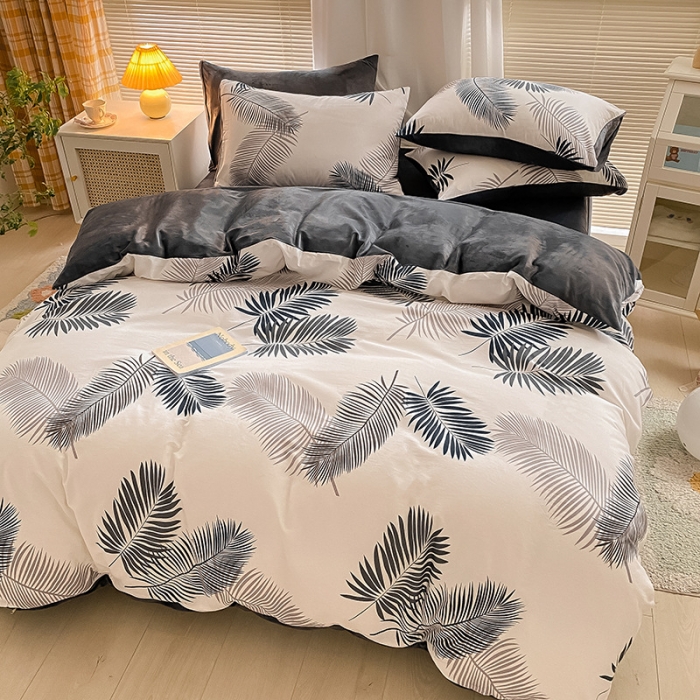 91家纺网 家纺一手货源 找家纺 雅居纺 2022新款棉绒四件套 羽叶