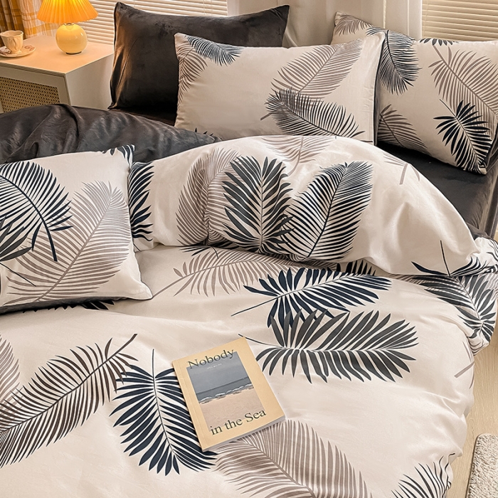 91家纺网 家纺一手货源 找家纺 雅居纺 2022新款棉绒四件套 羽叶