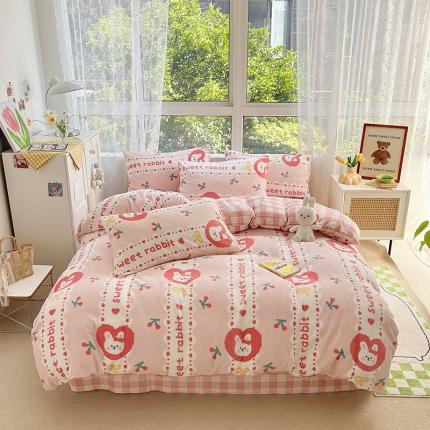 91家纺网 家纺一手货源 找家纺 雅居纺 2022新款牛奶绒印花四件套 蝴蝶结小兔