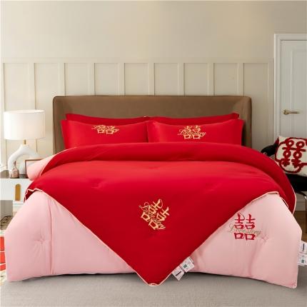 91家纺网 家纺一手货源 找家纺 婚庆大红绣花结婚大豆被喜被婚庆子母被 双喜子母被（红+粉）