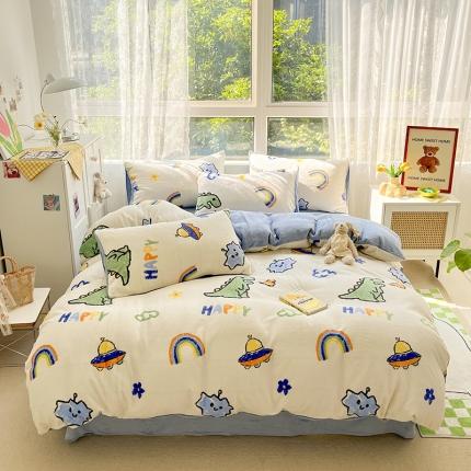 91家纺网 家纺一手货源 找家纺 雅居纺 2022新款牛奶绒印花四件套 开心龙