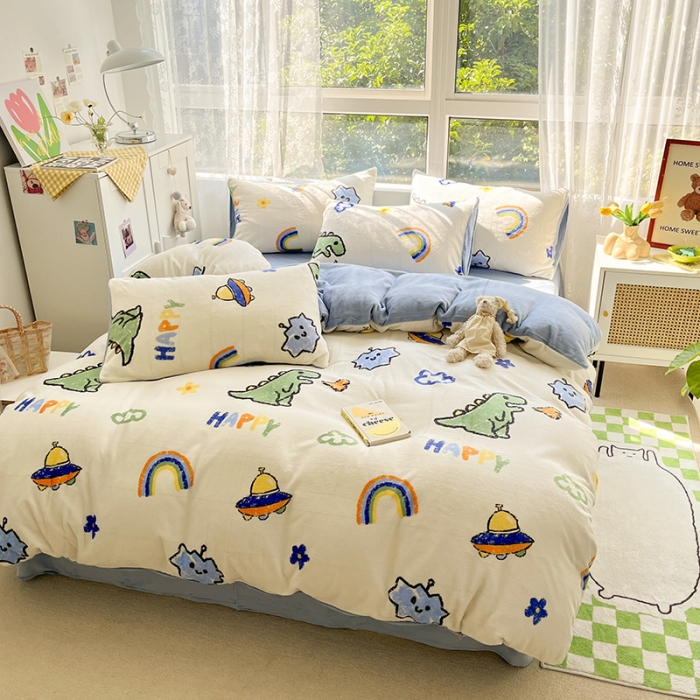 91家纺网 家纺一手货源 找家纺 雅居纺 2022新款牛奶绒印花四件套 开心龙