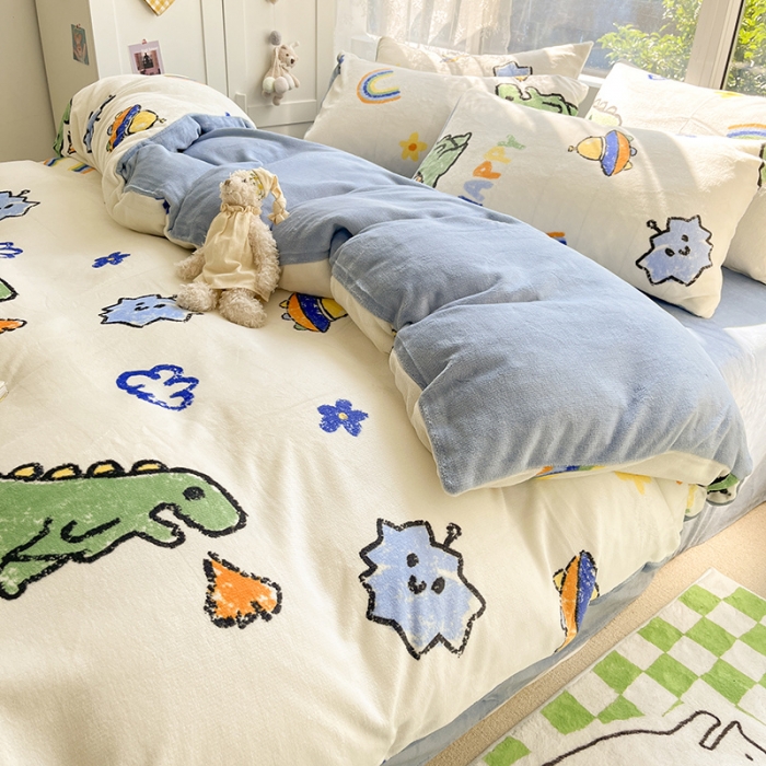 91家纺网 家纺一手货源 找家纺 雅居纺 2022新款牛奶绒印花四件套 开心龙