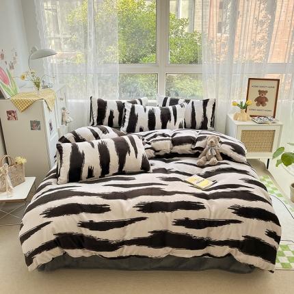 91家纺网 家纺一手货源 找家纺 雅居纺 2022新款牛奶绒印花四件套 炫彩黑