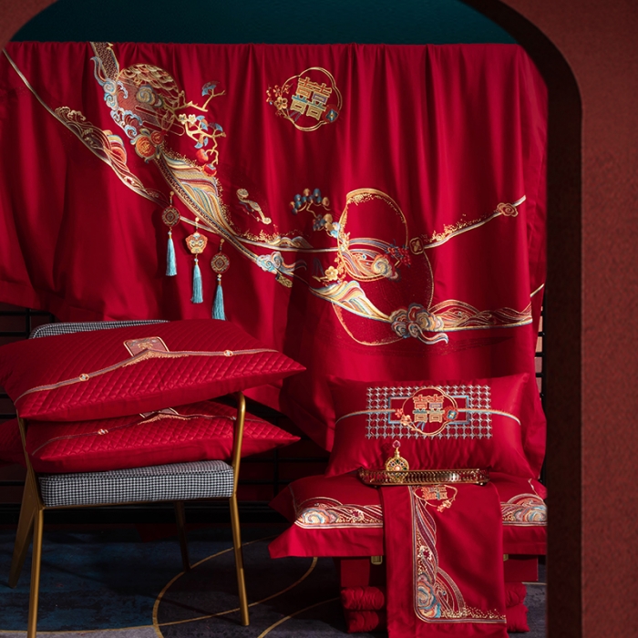 91家纺网 家纺一手货源 找家纺 (总) 缔缦 2022新款秋冬婚庆长绒棉刺绣多件套-事事如意