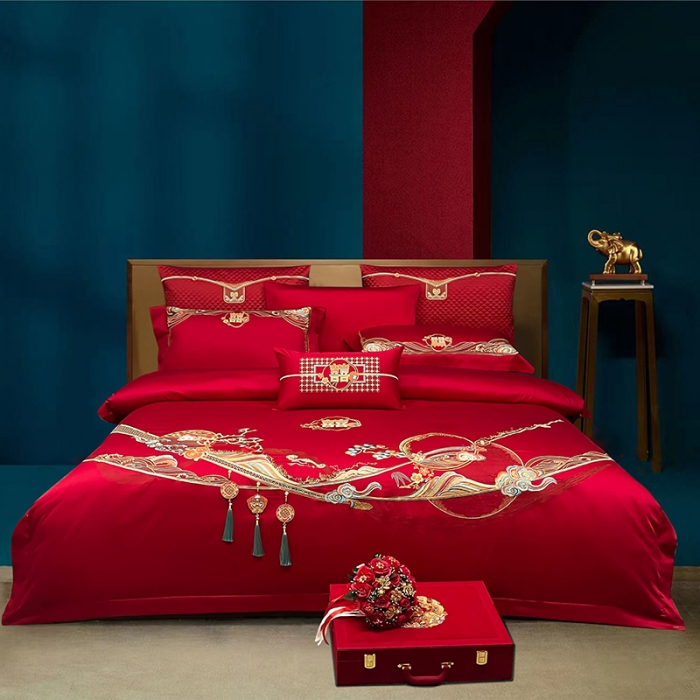 91家纺网 家纺一手货源 找家纺 (总) 缔缦 2022新款秋冬婚庆长绒棉刺绣多件套-事事如意