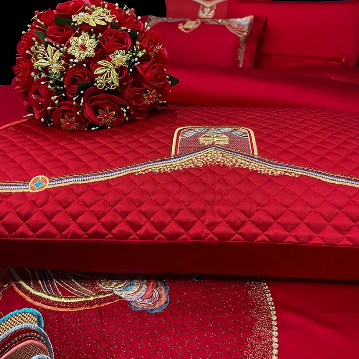 91家纺网 家纺一手货源 找家纺 (总) 缔缦 2022新款秋冬婚庆长绒棉刺绣多件套-事事如意