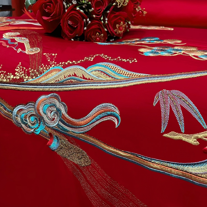 91家纺网 家纺一手货源 找家纺 (总) 缔缦 2022新款秋冬婚庆长绒棉刺绣多件套-事事如意