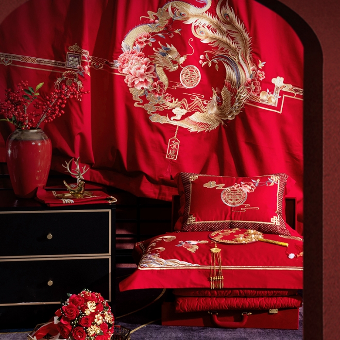 91家纺网 家纺一手货源 找家纺 (总) 缔缦 2022新款秋冬婚庆长绒棉刺绣多件套-龙凤贺喜