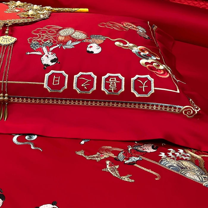 91家纺网 家纺一手货源 找家纺 (总) 缔缦 2022新款秋冬婚庆长绒棉刺绣多件套-百子千禧