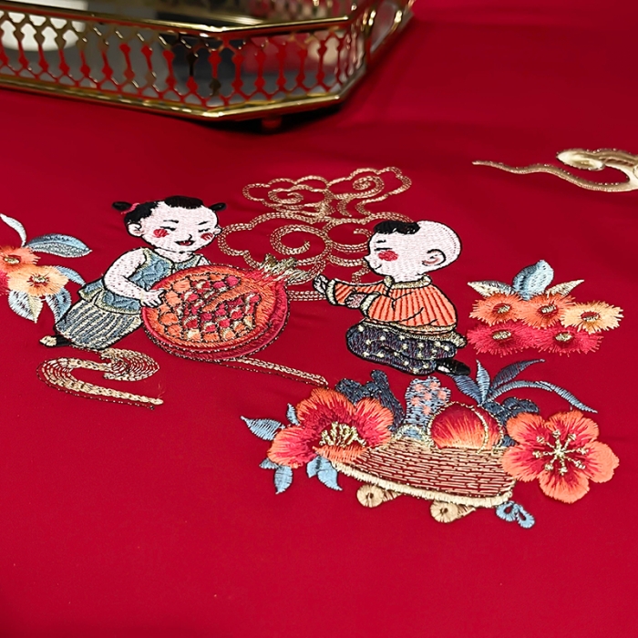 91家纺网 家纺一手货源 找家纺 (总) 缔缦 2022新款秋冬婚庆长绒棉刺绣多件套-百子千禧