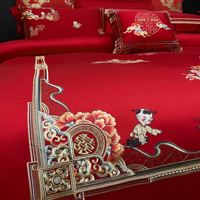 91家纺网 家纺一手货源 找家纺 (总) 缔缦 2022新款秋冬婚庆长绒棉刺绣多件套-百子千禧