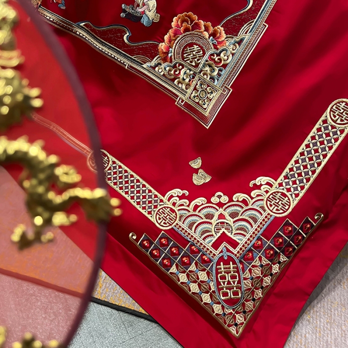 91家纺网 家纺一手货源 找家纺 (总) 缔缦 2022新款秋冬婚庆长绒棉刺绣多件套-百子千禧