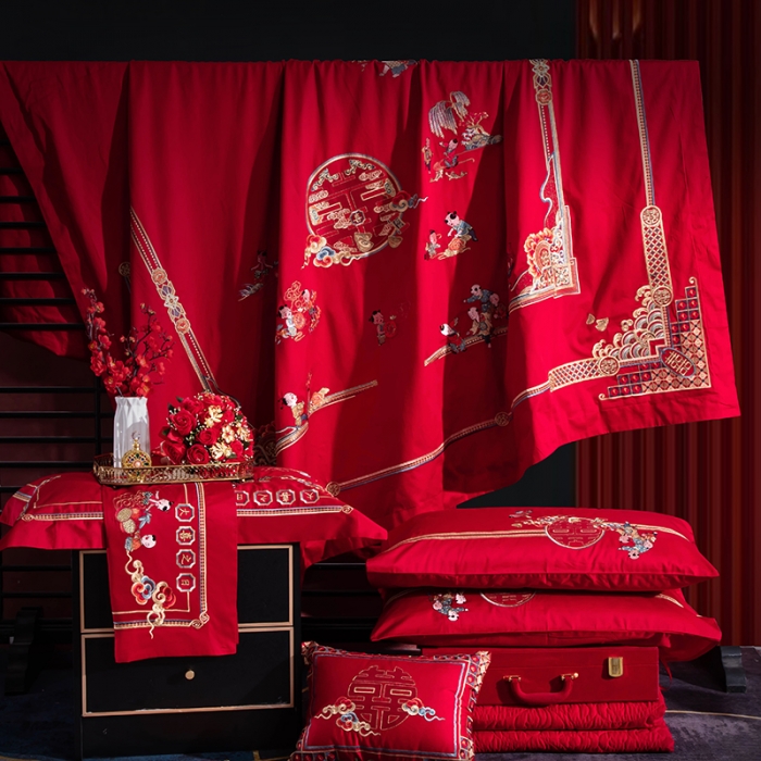 91家纺网 家纺一手货源 找家纺 (总) 缔缦 2022新款秋冬婚庆长绒棉刺绣多件套-百子千禧