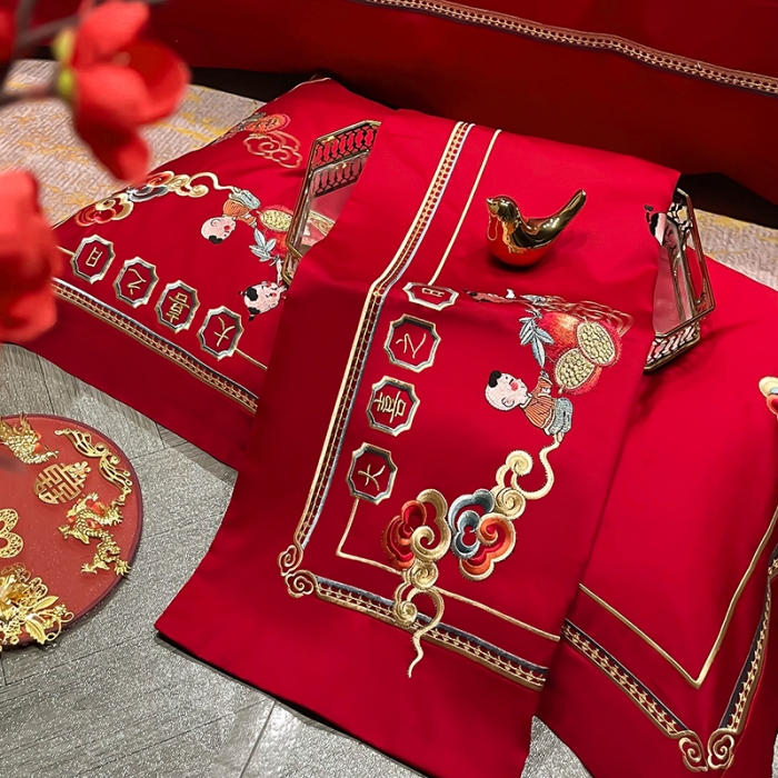 91家纺网 家纺一手货源 找家纺 (总) 缔缦 2022新款秋冬婚庆长绒棉刺绣多件套-百子千禧