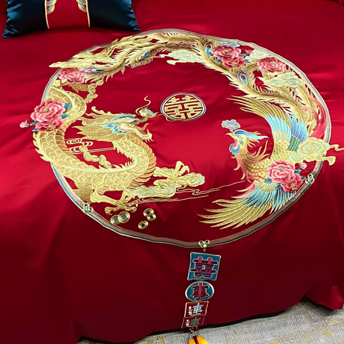 91家纺网 家纺一手货源 找家纺 (总) 缔缦 2022新款秋冬婚庆长绒棉刺绣多件套-双喜临门