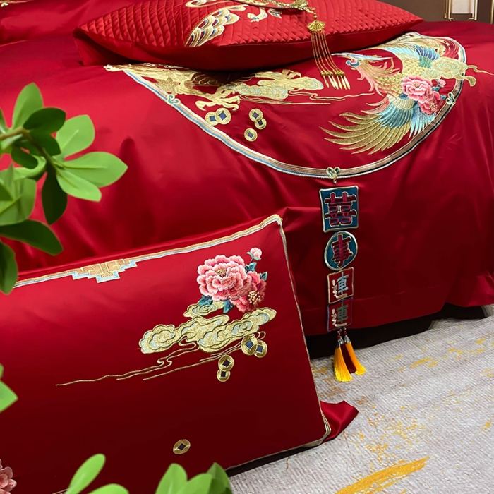 91家纺网 家纺一手货源 找家纺 (总) 缔缦 2022新款秋冬婚庆长绒棉刺绣多件套-双喜临门