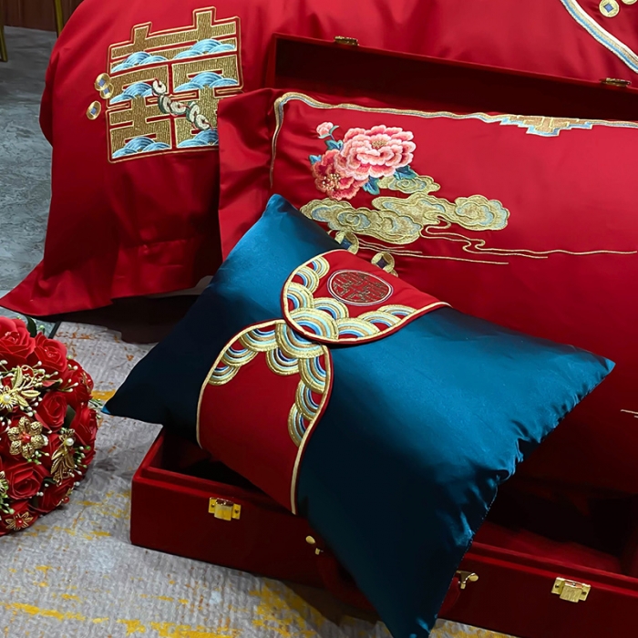 91家纺网 家纺一手货源 找家纺 (总) 缔缦 2022新款秋冬婚庆长绒棉刺绣多件套-双喜临门