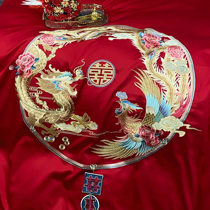 91家纺网 家纺一手货源 找家纺 (总) 缔缦 2022新款秋冬婚庆长绒棉刺绣多件套-双喜临门