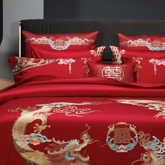 91家纺网 家纺一手货源 找家纺 (总) 缔缦 2022新款秋冬婚庆长绒棉刺绣多件套-龙凤如意