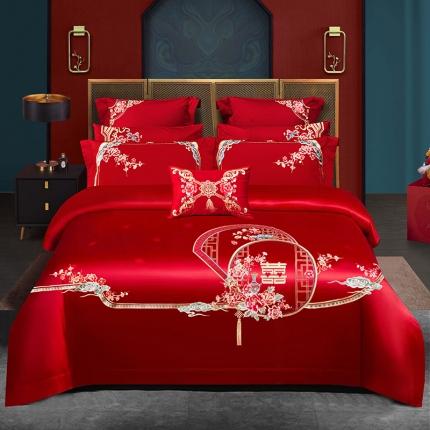 91家纺网 家纺一手货源 找家纺 柏拉图 100支提花长绒棉轻奢简约婚庆四件套多件套花开富贵