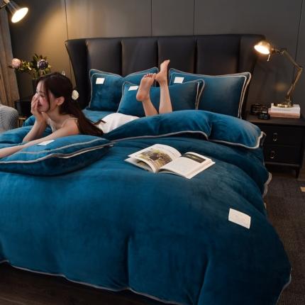 啊雅家居 2026新款纯色包边双面牛奶绒四件套 包宝蓝