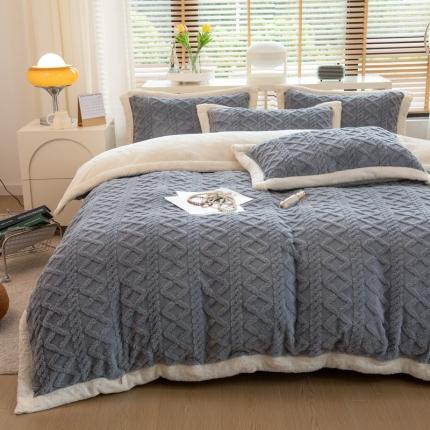 91家纺网 家纺一手货源 找家纺 丝羽坊 直播爆款220克塔芙绒提花四件套剪花雕花牛奶绒 蓝灰