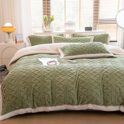 91家纺网 家纺一手货源 找家纺 丝羽坊 直播爆款220克塔芙绒提花四件套剪花雕花牛奶绒抹茶绿