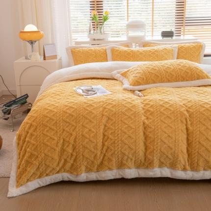 91家纺网 家纺一手货源 找家纺 丝羽坊 直播爆款220克塔芙绒提花四件套剪花雕花牛奶绒柠檬黄