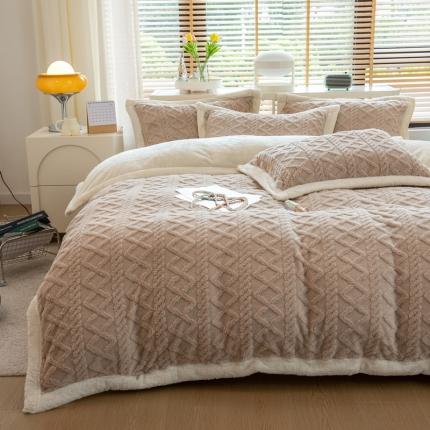 丝羽坊 直播爆款220克塔芙绒提花四件套剪花雕花牛奶绒 卡其