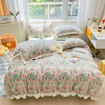 91家纺网 家纺一手货源 找家纺 安哆啦 2022新款加厚牛奶绒花边小贴标四件套 花边-花团锦簇