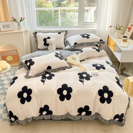 91家纺网 家纺一手货源 找家纺 安哆啦 2022新款加厚牛奶绒花边小贴标四件套 花边-山茶花花